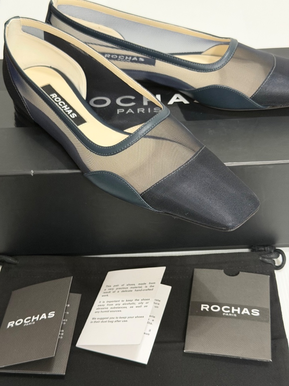Rochas Paris Sheer Mesh Square Toe Ballet Flats - Navy Blue 37 - Picture 6 of 13